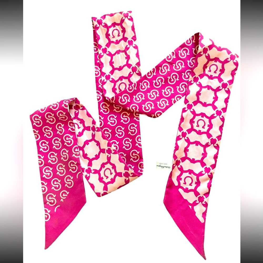 Ferragamo Pink logo Twilly Skinny Scarf Tie bag hair accessorie